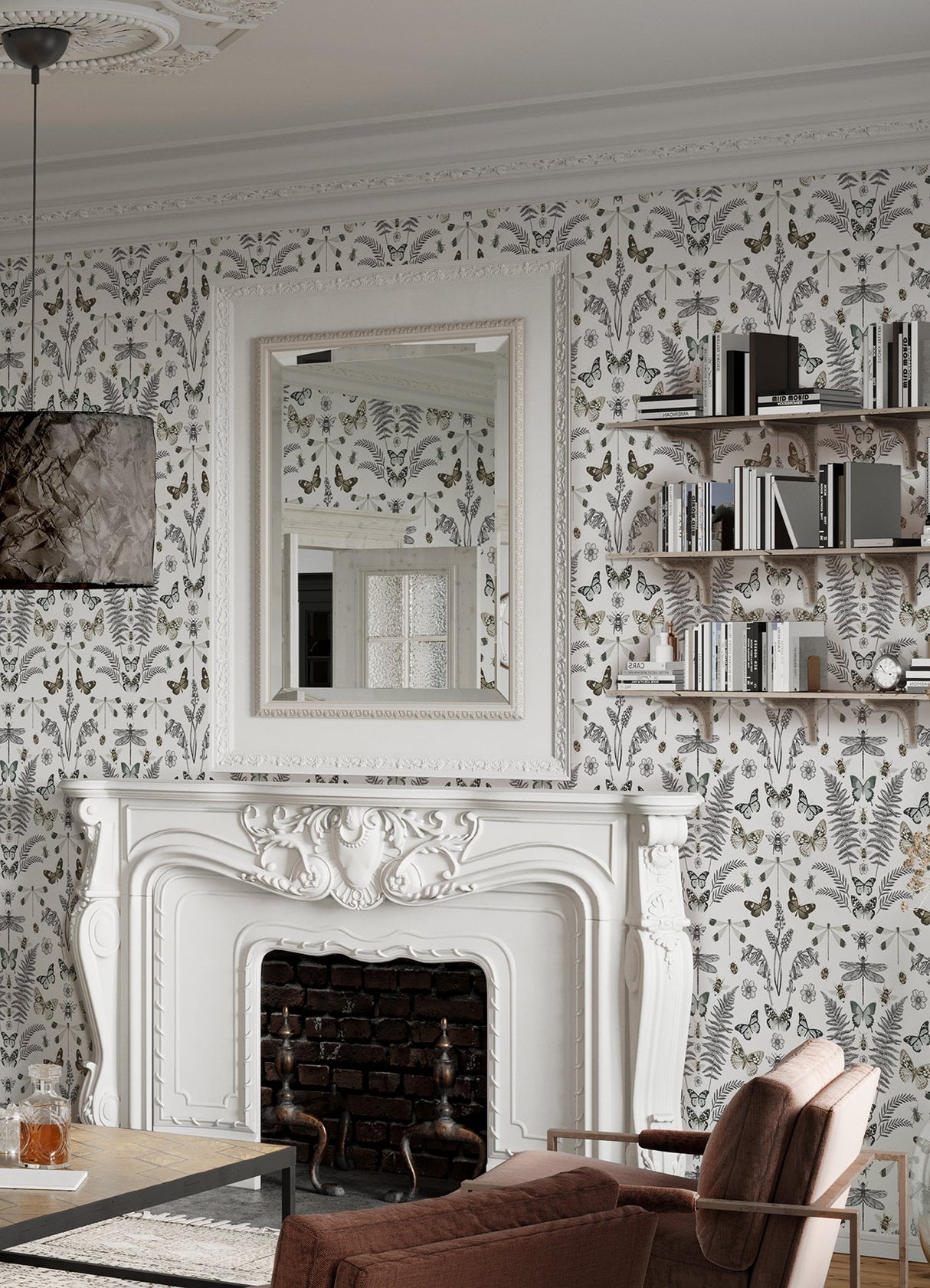 Hidden Treasures White Peel & Stick Wallpaper with Bohemian Butterflies & Botanicals - York RMK12747PLW