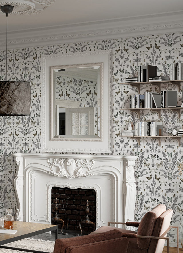 Hidden Treasures White Peel & Stick Wallpaper with Bohemian Butterflies & Botanicals - York RMK12747PLW