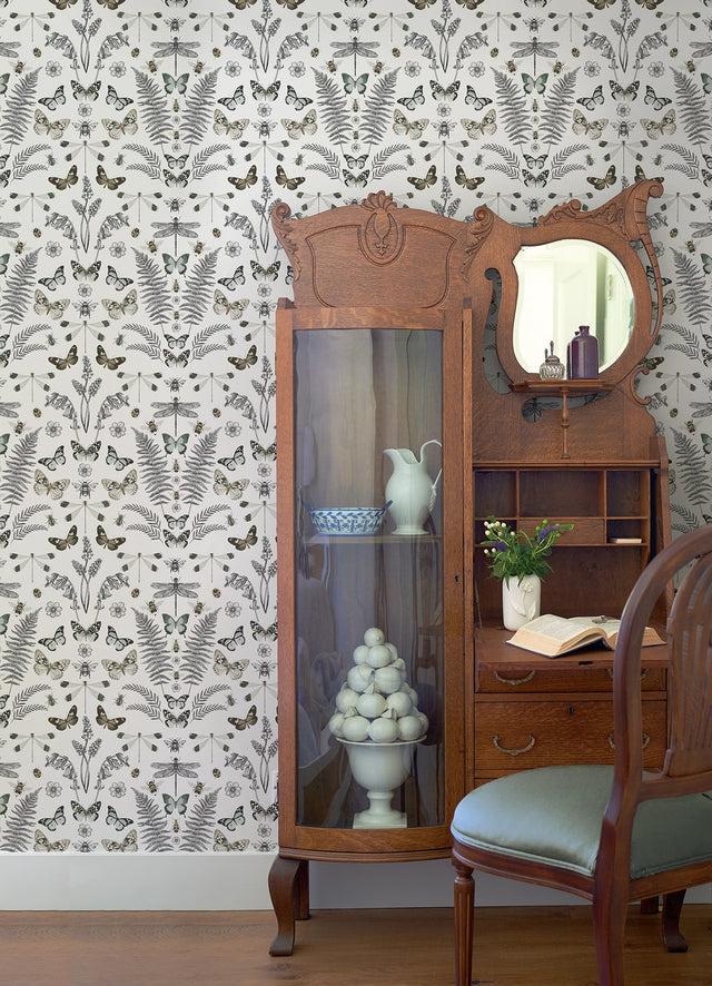 Hidden Treasures White Peel & Stick Wallpaper with Bohemian Butterflies & Botanicals - York RMK12747PLW