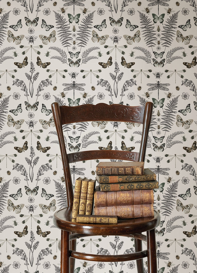 Hidden Treasures White Peel & Stick Wallpaper with Bohemian Butterflies & Botanicals - York RMK12747PLW