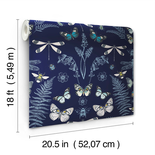 Hidden Treasures Blue Peel & Stick Wallpaper with Butterfly & Botanical Motif - York RMK12748PLW
