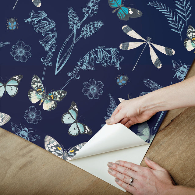 Hidden Treasures Blue Peel & Stick Wallpaper with Butterfly & Botanical Motif - York RMK12748PLW