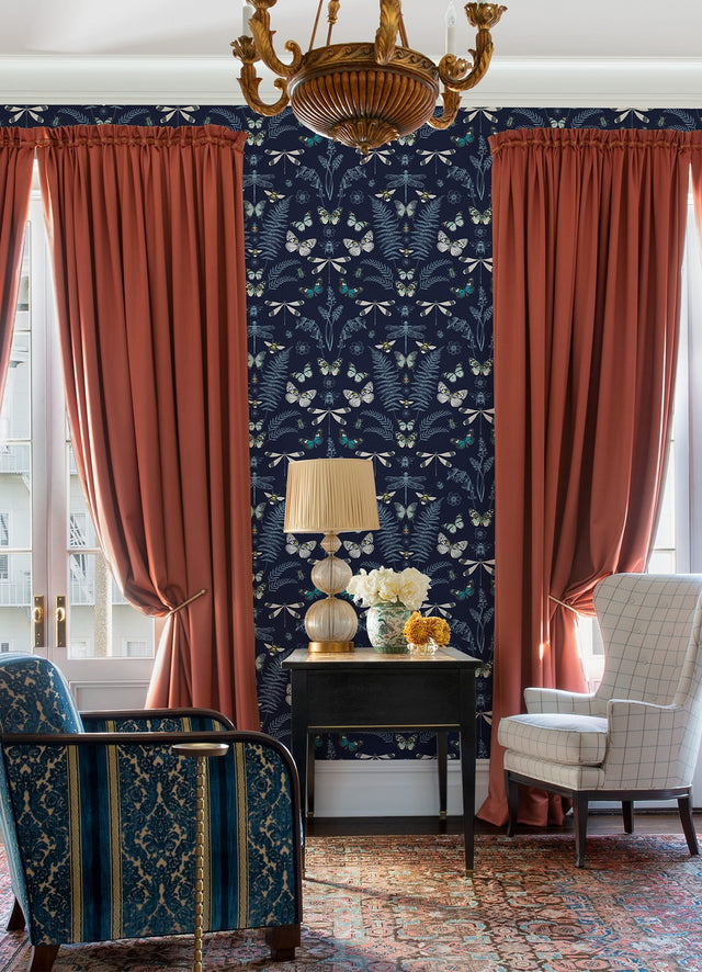 Hidden Treasures Blue Peel & Stick Wallpaper with Butterfly & Botanical Motif - York RMK12748PLW