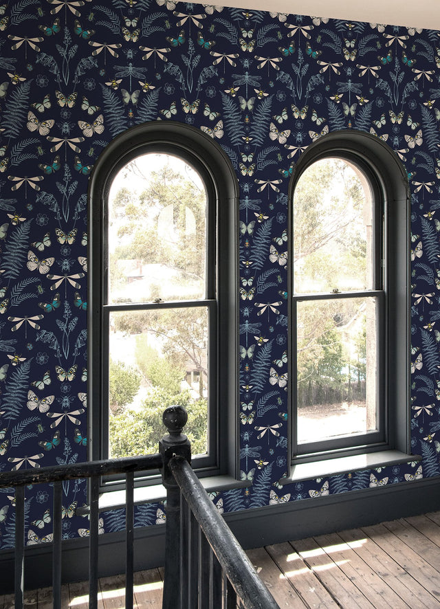 Hidden Treasures Blue Peel & Stick Wallpaper with Butterfly & Botanical Motif - York RMK12748PLW