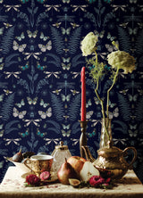 Hidden Treasures Blue Peel & Stick Wallpaper with Butterfly & Botanical Motif - York RMK12748PLW