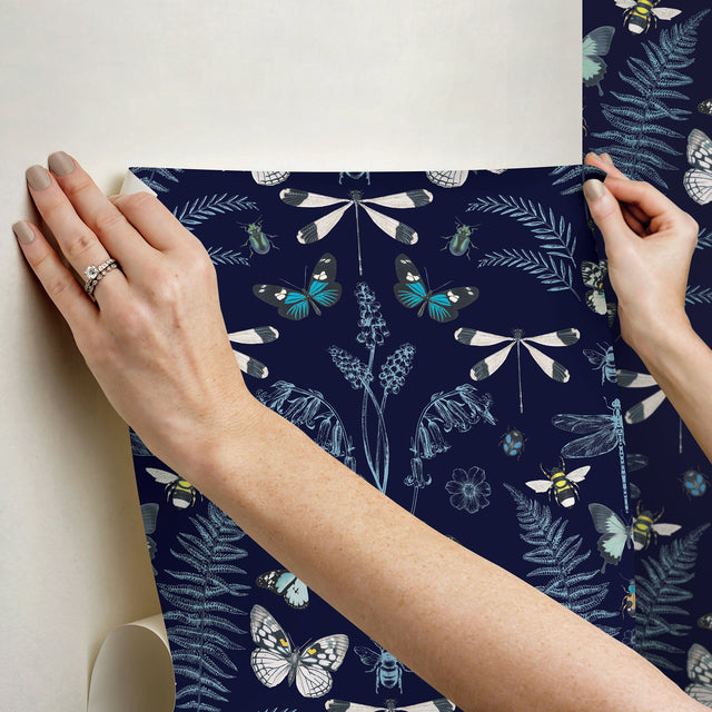 Hidden Treasures Blue Peel & Stick Wallpaper with Butterfly & Botanical Motif - York RMK12748PLW