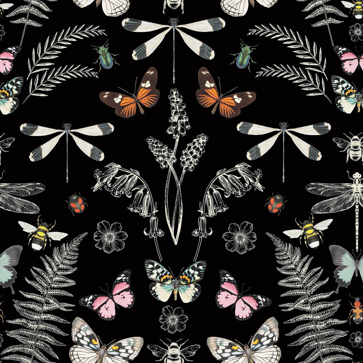 Hidden Treasures Black Peel & Stick Wallpaper with Bohemian Butterfly & Insect Motif - York RMK12749PLW
