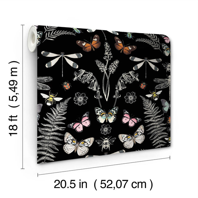Hidden Treasures Black Peel & Stick Wallpaper with Bohemian Butterfly & Insect Motif - York RMK12749PLW