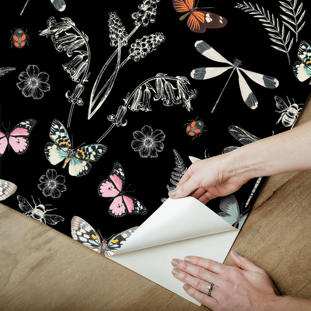 Hidden Treasures Black Peel & Stick Wallpaper with Bohemian Butterfly & Insect Motif - York RMK12749PLW