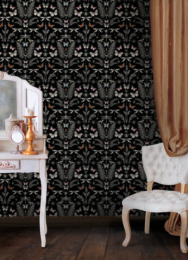 Hidden Treasures Black Peel & Stick Wallpaper with Bohemian Butterfly & Insect Motif - York RMK12749PLW