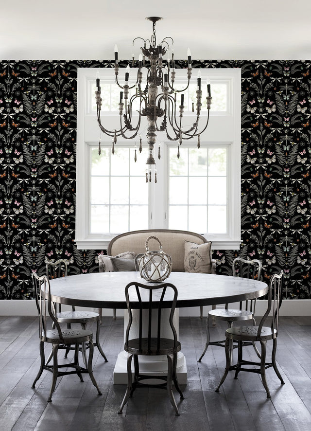 Hidden Treasures Black Peel & Stick Wallpaper with Bohemian Butterfly & Insect Motif - York RMK12749PLW