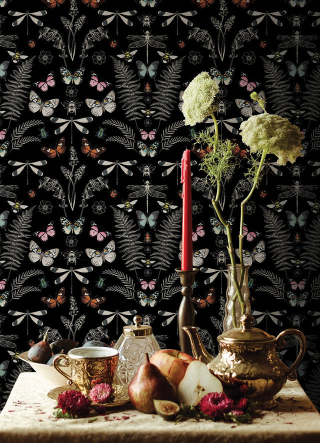 Hidden Treasures Black Peel & Stick Wallpaper with Bohemian Butterfly & Insect Motif - York RMK12749PLW