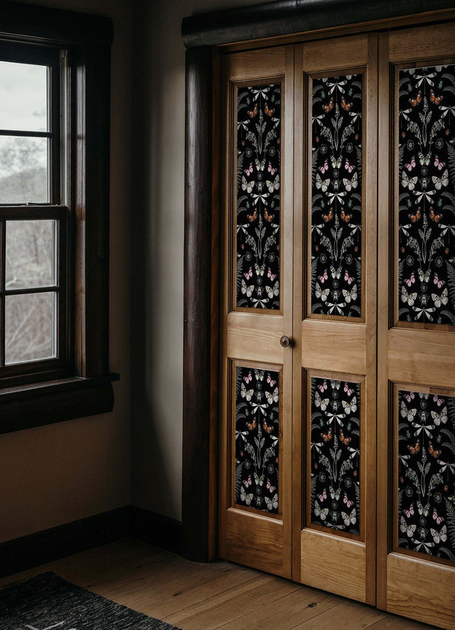 Hidden Treasures Black Peel & Stick Wallpaper with Bohemian Butterfly & Insect Motif - York RMK12749PLW