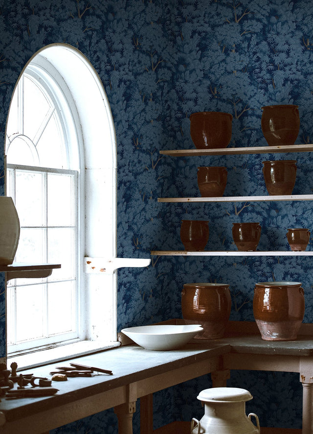 Ardian Navy Peel & Stick Wallpaper with Traditional Tree Motif - York RMK12750PLW
