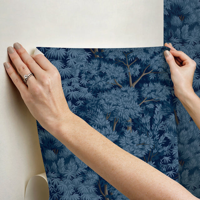 Ardian Navy Peel & Stick Wallpaper with Traditional Tree Motif - York RMK12750PLW