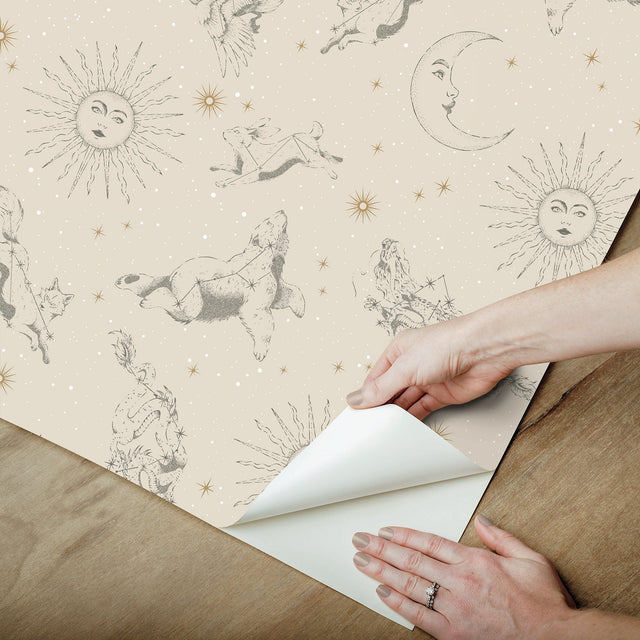 Zodiac Dreams Linen Peel & Stick Wallpaper with Celestial Constellation Motif - York RMK12752PLW