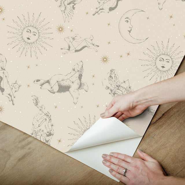 Zodiac Dreams Linen Peel & Stick Wallpaper with Celestial Constellation Motif - York RMK12752PLW SAMPLE