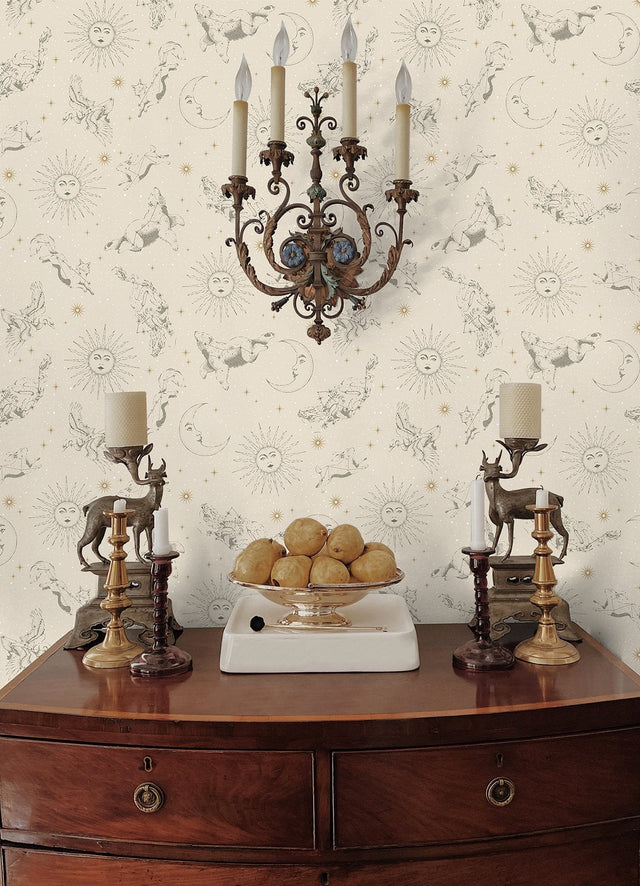 Zodiac Dreams Linen Peel & Stick Wallpaper with Celestial Constellation Motif - York RMK12752PLW SAMPLE