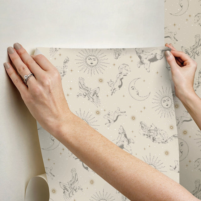 Zodiac Dreams Linen Peel & Stick Wallpaper with Celestial Constellation Motif - York RMK12752PLW SAMPLE