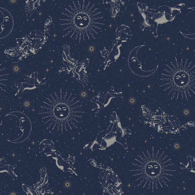 Zodiac Dreams Navy Peel & Stick Wallpaper with Stars and Celestial Constellation Motif - York RMK12753PLW