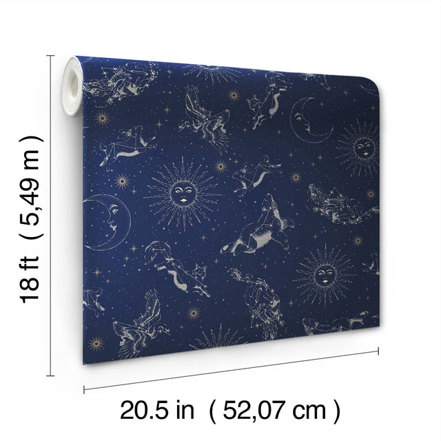 Zodiac Dreams Navy Peel & Stick Wallpaper with Stars and Celestial Constellation Motif - York RMK12753PLW