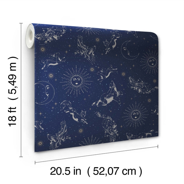 Zodiac Dreams Navy Peel & Stick Wallpaper with Stars and Celestial Constellation Motif - York RMK12753PLW SAMPLE