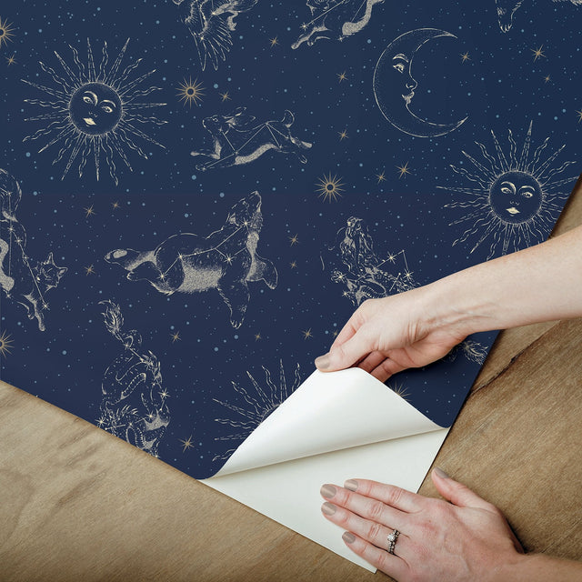 Zodiac Dreams Navy Peel & Stick Wallpaper with Stars and Celestial Constellation Motif - York RMK12753PLW SAMPLE