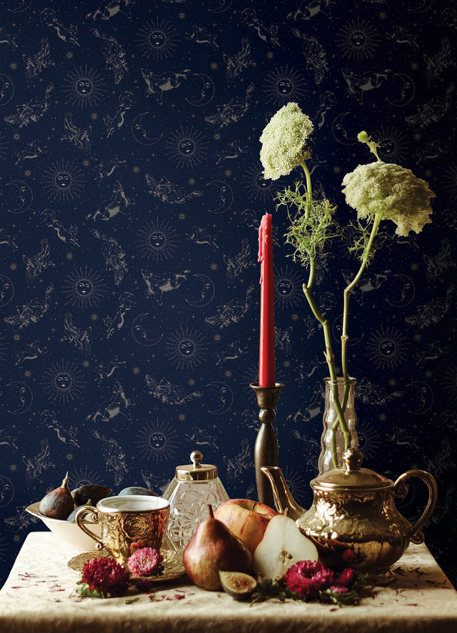 Zodiac Dreams Navy Peel & Stick Wallpaper with Stars and Celestial Constellation Motif - York RMK12753PLW SAMPLE