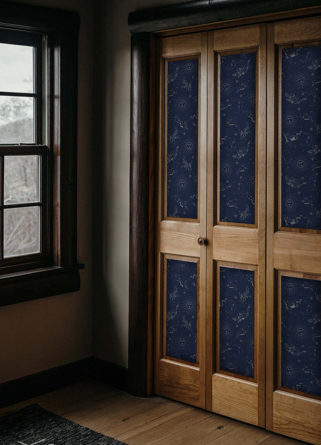 Zodiac Dreams Navy Peel & Stick Wallpaper with Stars and Celestial Constellation Motif - York RMK12753PLW
