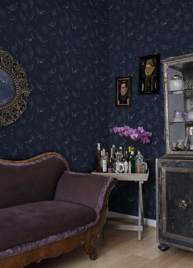 Zodiac Dreams Navy Peel & Stick Wallpaper with Stars and Celestial Constellation Motif - York RMK12753PLW SAMPLE