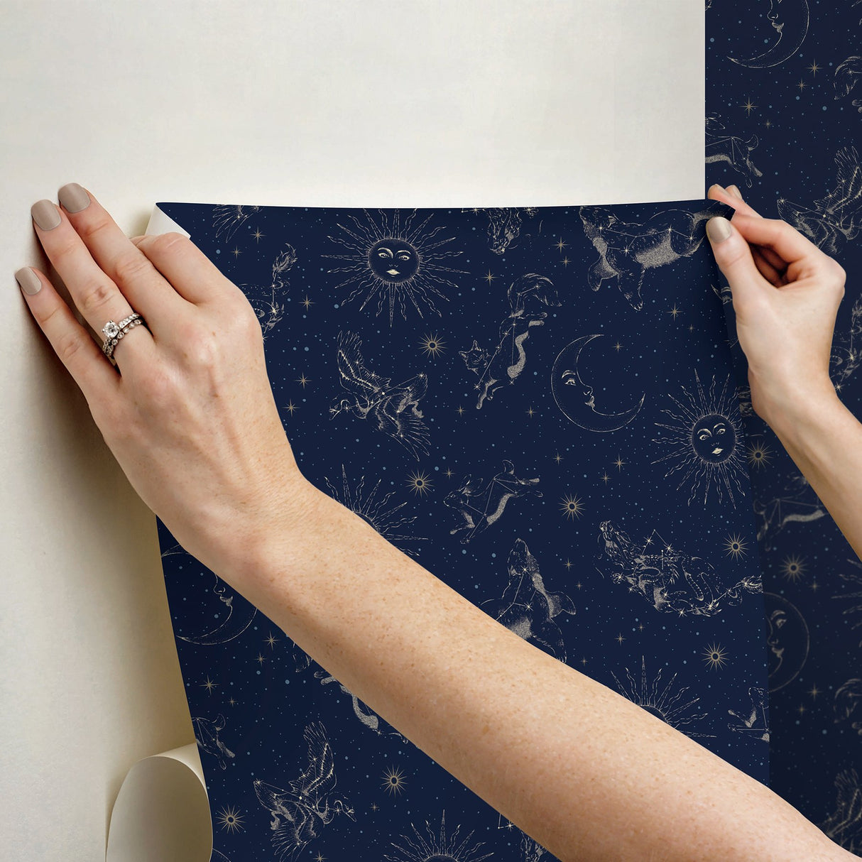 Zodiac Dreams Navy Peel & Stick Wallpaper with Stars and Celestial Constellation Motif - York RMK12753PLW