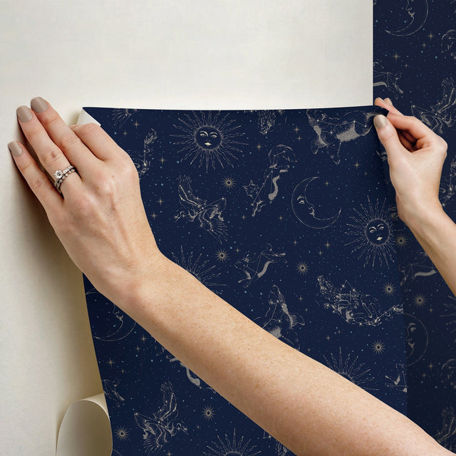 Zodiac Dreams Navy Peel & Stick Wallpaper with Stars and Celestial Constellation Motif - York RMK12753PLW SAMPLE