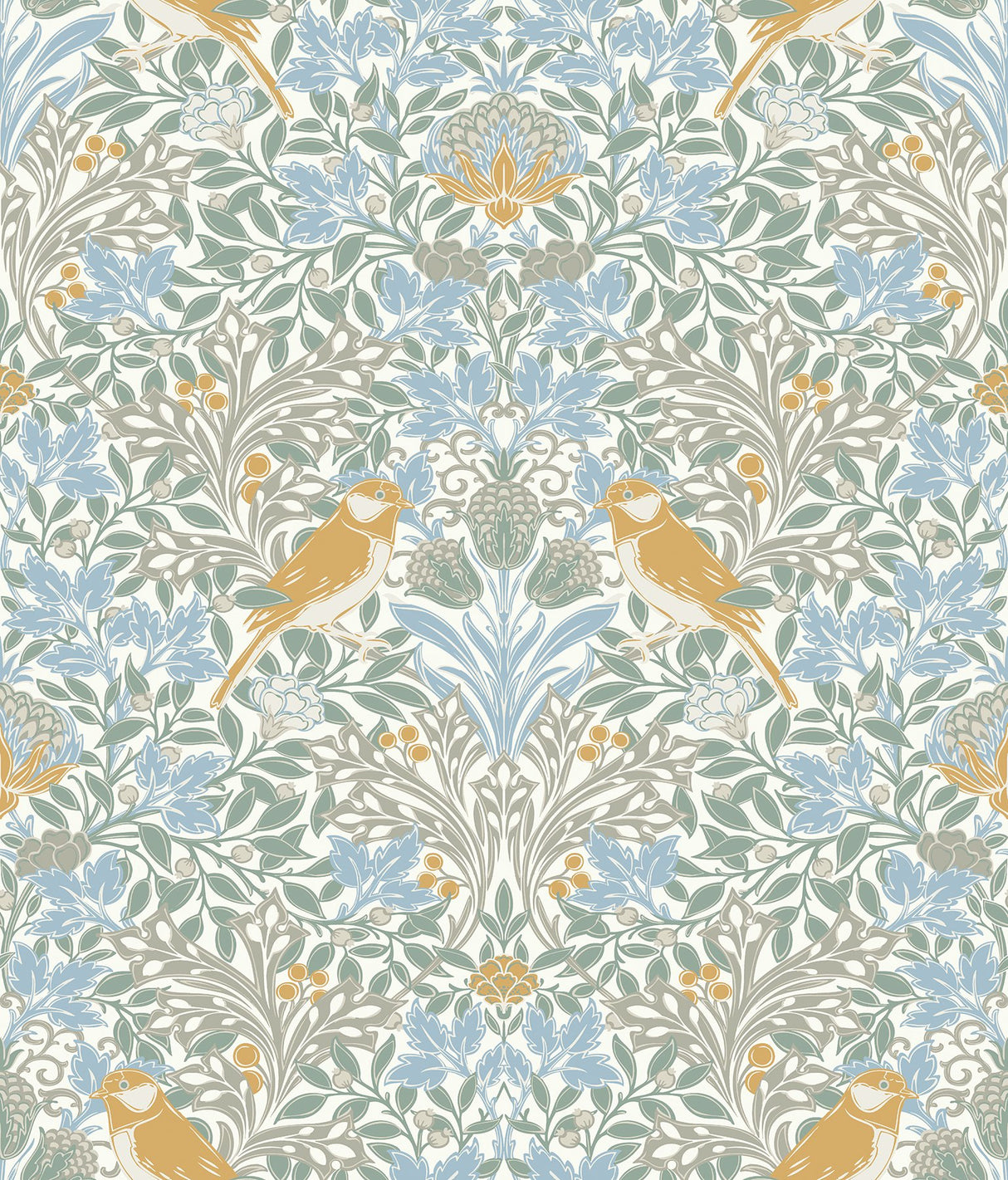 Garden Aviary Sky Blue Peel & Stick Wallpaper with Traditional Birds Damask - York RMK12754PLW
