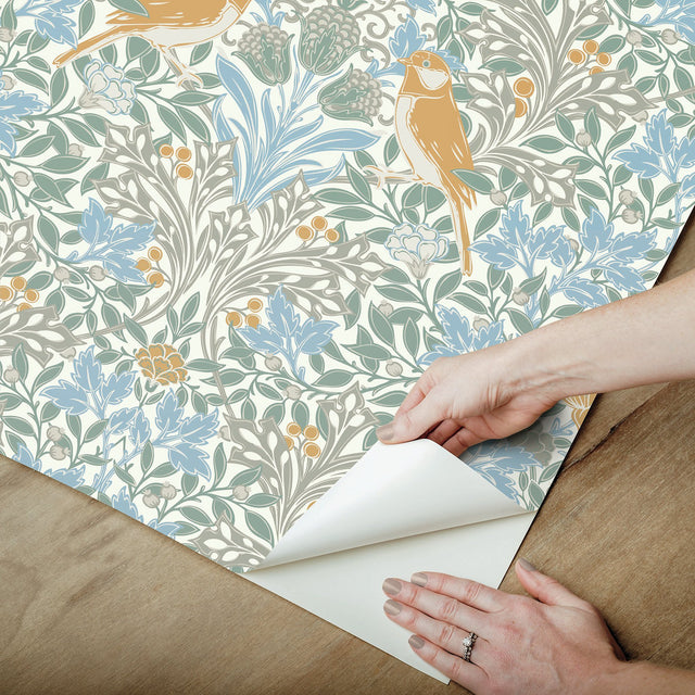 Garden Aviary Sky Blue Peel & Stick Wallpaper with Traditional Birds Damask - York RMK12754PLW