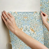 Garden Aviary Sky Blue Peel & Stick Wallpaper with Traditional Birds Damask - York RMK12754PLW