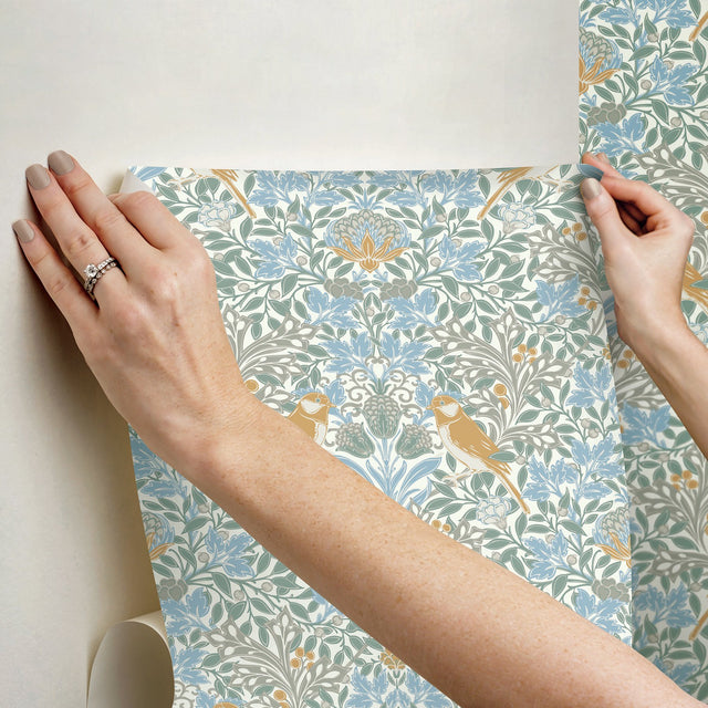 Garden Aviary Sky Blue Peel & Stick Wallpaper with Traditional Birds Damask - York RMK12754PLW