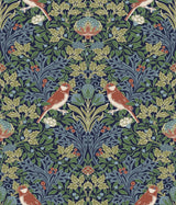 Garden Aviary Jewel Peel & Stick Wallpaper in Blue/Red Botanical Damask with Birds - York RMK12755PLW