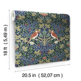 Garden Aviary Jewel Peel & Stick Wallpaper in Blue/Red Botanical Damask with Birds - York RMK12755PLW