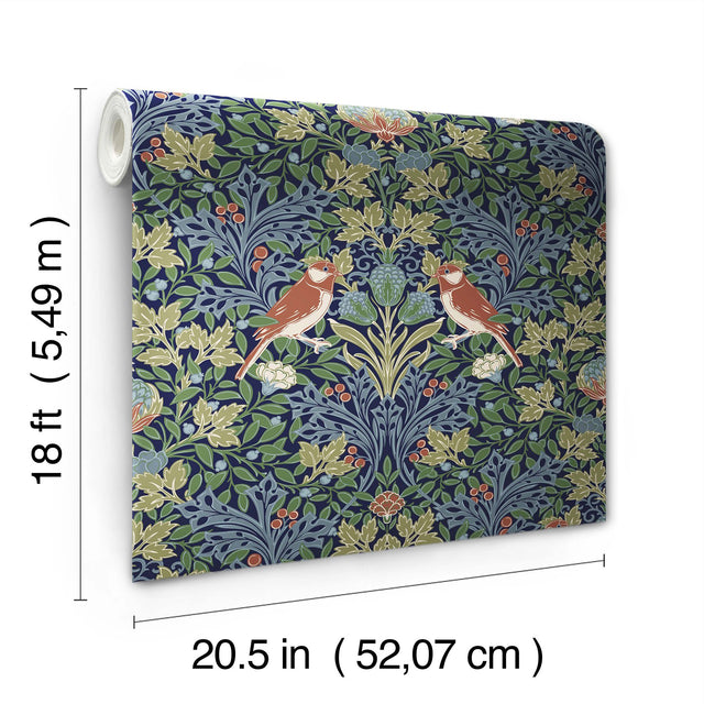 Garden Aviary Jewel Peel & Stick Wallpaper in Blue/Red Botanical Damask with Birds - York RMK12755PLW
