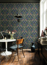 Garden Aviary Jewel Peel & Stick Wallpaper in Blue/Red Botanical Damask with Birds - York RMK12755PLW