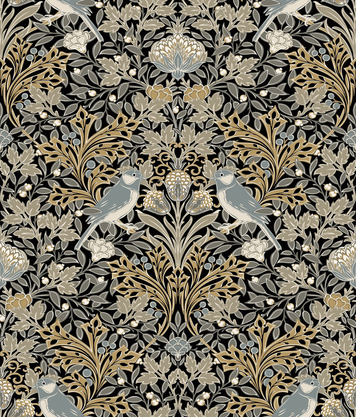 Garden Aviary Black Peel & Stick Wallpaper with Traditional Birds Botanical Damask - York RMK12756PLW