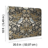 Garden Aviary Black Peel & Stick Wallpaper with Traditional Birds Botanical Damask - York RMK12756PLW