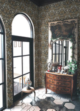 Garden Aviary Black Peel & Stick Wallpaper with Traditional Birds Botanical Damask - York RMK12756PLW