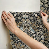 Garden Aviary Black Peel & Stick Wallpaper with Traditional Birds Botanical Damask - York RMK12756PLW