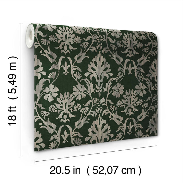 Blooming Damask Deep Green Peel & Stick Wallpaper with Distressed Botanical Damask - York RMK12757PLW