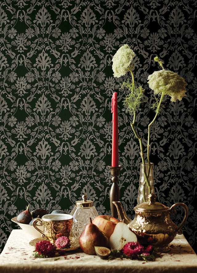 Blooming Damask Deep Green Peel & Stick Wallpaper with Distressed Botanical Damask - York RMK12757PLW