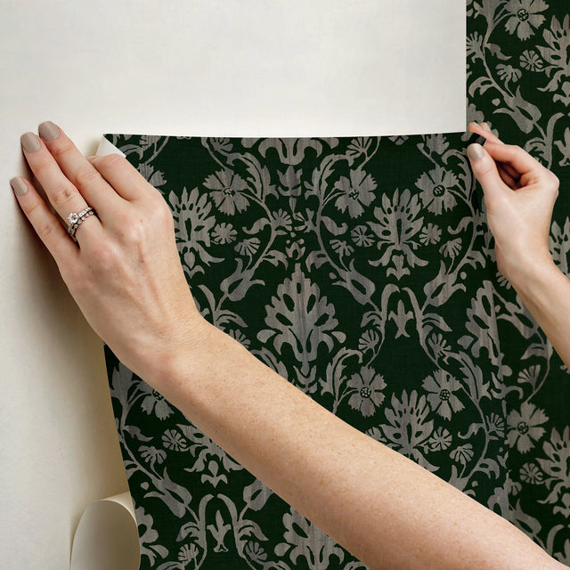 Blooming Damask Deep Green Peel & Stick Wallpaper with Distressed Botanical Damask - York RMK12757PLW