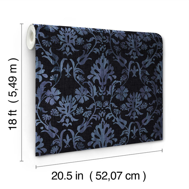 Blooming Damask Black Peel & Stick Wallpaper with Distressed Botanical Damask - York RMK12758PLW