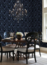Blooming Damask Black Peel & Stick Wallpaper with Distressed Botanical Damask - York RMK12758PLW