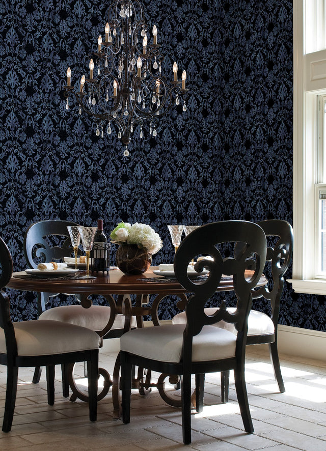 Blooming Damask Black Peel & Stick Wallpaper with Distressed Botanical Damask - York RMK12758PLW